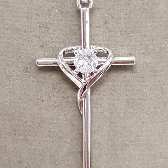 Silver Tone Chain and Cross Pendant with Heart Rhinestone Accent - Picture 1 of 3